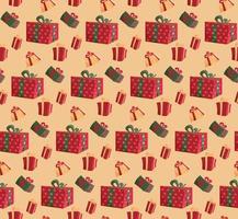 Party presents colorful seamless pattern on beige background. Pattern gift box for fabric print,wrapping package gift box paper. Red, green gift box with ribbon and bow. Vector present box flat vector