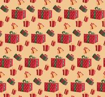 Party presents colorful seamless pattern on beige background. Pattern gift box for fabric print,wrapping package gift box paper. Red, green gift box with ribbon and bow. Vector present box flat vector