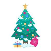 Christmas tree with bag and gift. vector illustration