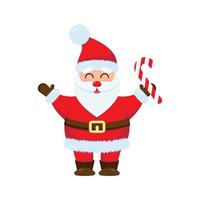 Cute Santa Claus with a striped cane raised his hands up. vector illustration