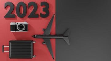 representación d. 2023 concepto de viaje maleta avión con cámara sobre fondo negro y rojo. foto