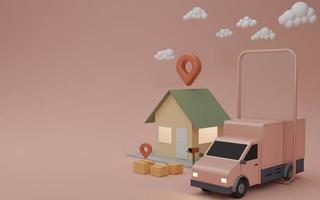Online delivery service app concept, Delivery van and mobile phone with pin on house. 3D rendering photo