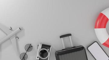 3d rendering. Traveling concept suitcase camera airplane smartphone sunglasses and life Buoy on grey background. photo