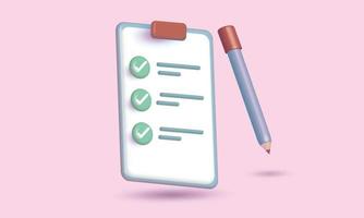 business target planning. 3D render pencil minimal cartoon checklist icon on clipboard paper correct mark floating on pastel background vector