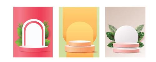 set 3d geometric podium mockup leaf tropical netural concept for showcase green background Abstract minimal scene product presentation vector