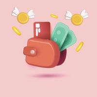 Open red wallet with coins,credit cards floating Payment money transfer wallet cartoon minimal, saving, cashback. 3d vector