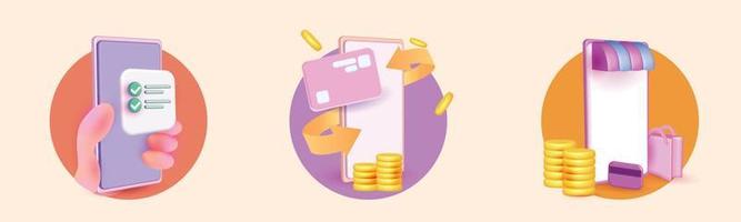 Online shop realistic vector icon set 3d render promotion, payment, card, Hand holding mobile in colorful smart phone app concept. web atm money