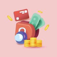 3D cartoon vector protection icon with credit card  password key financial security   payment colorful Online transaction wallet Internet blank