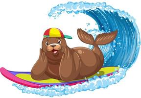 Sea lion on surfboard with water wave vector