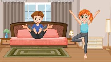 Bedroom scene with couple doing yoga vector