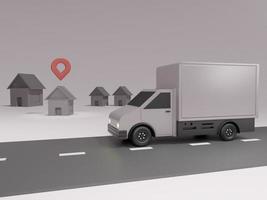 concepto de aplicación de servicio de entrega en línea y camioneta de entrega con mapa. representación 3d foto