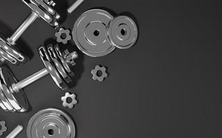 Sport fitness equipment, plates metal dumbbell or barbell on black background, 3D rendering. photo