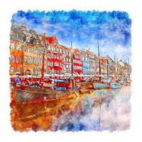 Copenhagen Denmark Watercolor sketch hand drawn illustration vector