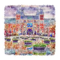 Rijksmuseum Amsterdam Watercolor sketch hand drawn illustration vector