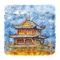Jiayuguan Great Wall China Watercolor sketch hand drawn illustration