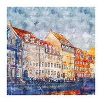 nyhavn kobenhavn dinamarca boceto acuarela dibujado a mano ilustración vector