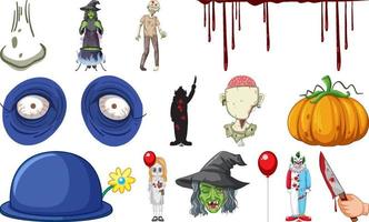 conjunto de objetos de terror de halloween y personajes de dibujos animados vector