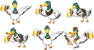 Set of different ducks holding beer glasses vector