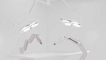 Robot surgery machine with surgery lights in operation room. 3d rendering photo