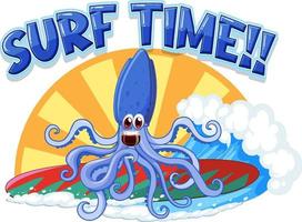 Cute squid on surfboard vector