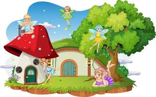 Fairies at hobbit house on white background vector