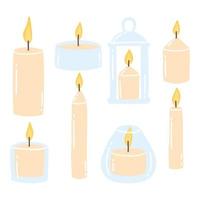 A set of different candles. Burning candles. Vector illustration. Drawn style. Collection of aroma candles.