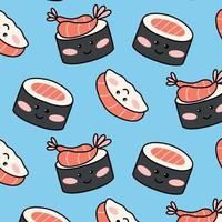 patrón impecable con sushi divertido al estilo kawaii. ilustración vectorial estilo de dibujos animados imprimir con personajes de sushi. vector