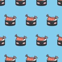 Seamless pattern with funny sushi in kawaii style. Vector illustration . Cartoon style. Print with sushi character.