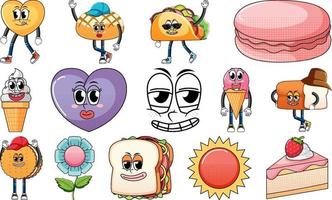 Set of objects and foods cartoon characters vector