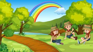 Scout kids hiking in the forest vector