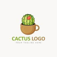 Cactus with coffee cup logo cartoon style icon illustration vector