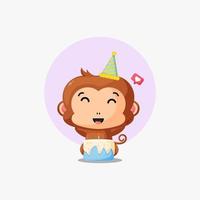 Cute monkey with birthday cake cartoon illustration vector