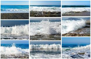 collage de fotos de la costa del mar con olas y salpicaduras