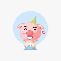 cerdo lindo con ilustración de dibujos animados de pastel de cumpleaños vector