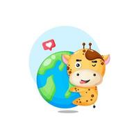 ilustración de linda jirafa abrazando la tierra vector