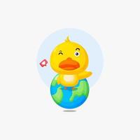 Cute duck character on earth icon illustration vector