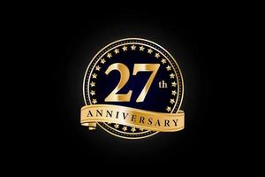 27th Anniversary golden gold logo with ring and gold ribbon isolated on black background, vector design for celebration.