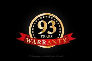 93 years warranty golden logo with ring and red ribbon isolated on black background, vector design for product warranty, guarantee, service, corporate, and your business.