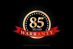 85 years warranty golden logo with ring and red ribbon isolated on black background, vector design for product warranty, guarantee, service, corporate, and your business.