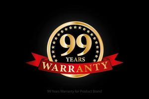 99 years warranty golden logo with ring and red ribbon isolated on black background, vector design for product warranty, guarantee, service, corporate, and your business.