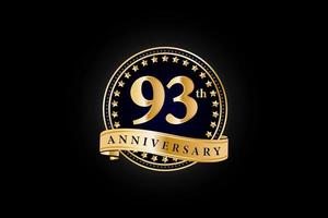 93th Anniversary golden gold logo with ring and gold ribbon isolated on black background, vector design for celebration.