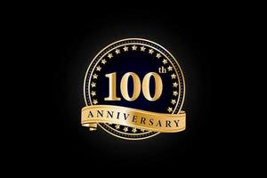 100th Anniversary golden gold logo with ring and gold ribbon isolated on black background, vector design for celebration.