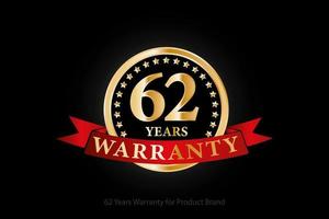 62 years golden warranty logo with ring and red ribbon isolated on black background, vector design for product warranty, guarantee, service, corporate, and your business.