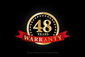 48 years golden warranty logo with ring and red ribbon isolated on black background, vector design for product warranty, guarantee, service, corporate, and your business.