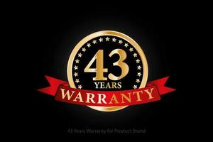 43 years golden warranty logo with ring and red ribbon isolated on black background, vector design for product warranty, guarantee, service, corporate, and your business.