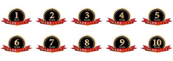 set warranty golden logo with ring and red ribbon isolated on white background, vector design for product warranty, guarantee, service, corporate, and your business.