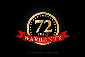 72 years warranty golden logo with ring and red ribbon isolated on black background, vector design for product warranty, guarantee, service, corporate, and your business.