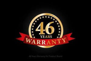 46 years golden warranty logo with ring and red ribbon isolated on black background, vector design for product warranty, guarantee, service, corporate, and your business.