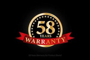 58 years golden warranty logo with ring and red ribbon isolated on black background, vector design for product warranty, guarantee, service, corporate, and your business.