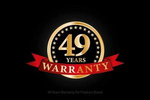 49 years golden warranty logo with ring and red ribbon isolated on black background, vector design for product warranty, guarantee, service, corporate, and your business.